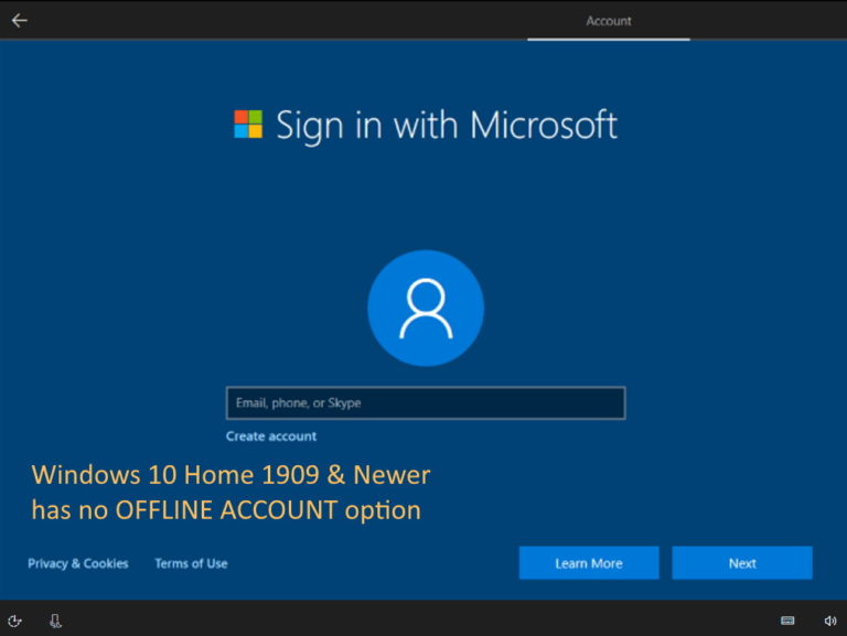 no option to setup an offline account in Windows 10