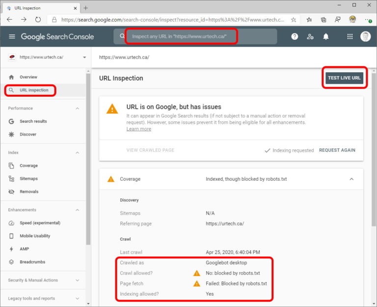 Google Search Console URL Inspection crawl allowed no blocked by robots txt