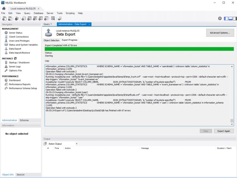 mysql Operation failed with exitcode 2