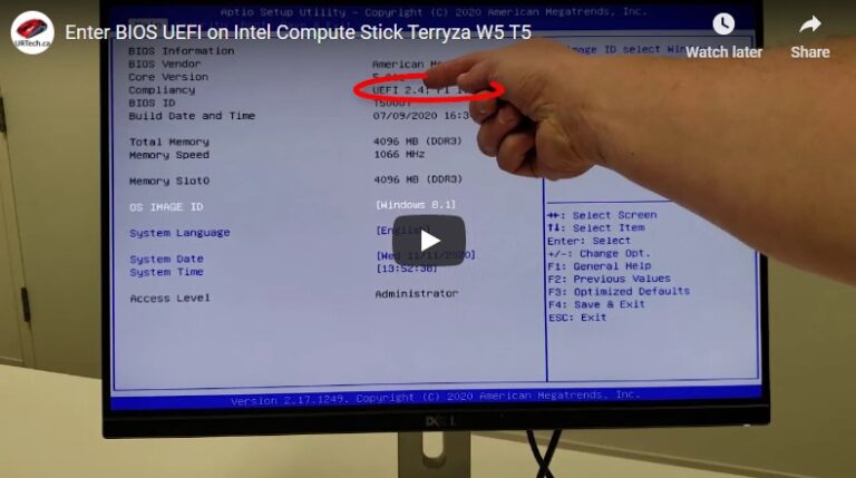 enter bios on intel compute stick 25 t5