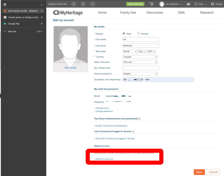 how to cancel a MyHeritage Subscription - delete data