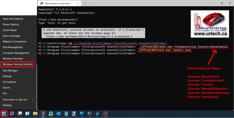 change microsoft 365 office apps channels in Windows 11 using Windows Terminal