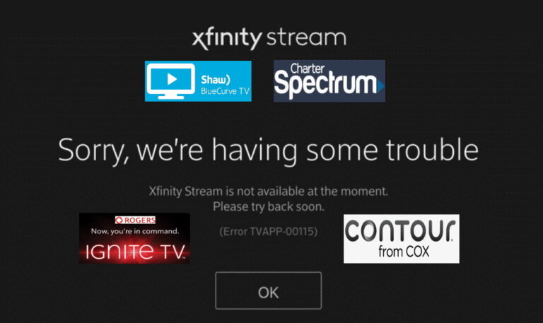 comcast x1 - xfinity stream - rogers ignite tv - shaw bluecurve tv - cox contour tv app error