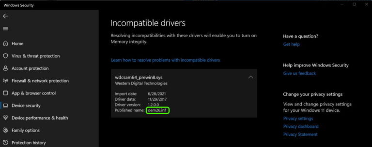 Windows 11 Core Issolation incompatible driver wdcsam64_prewin8 sys