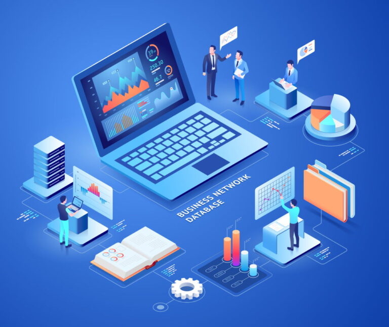 Business network database vector isometric illustrations.