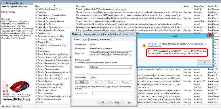 Error 1079 the account specified for this service is different from the account specified for other services running in the same process