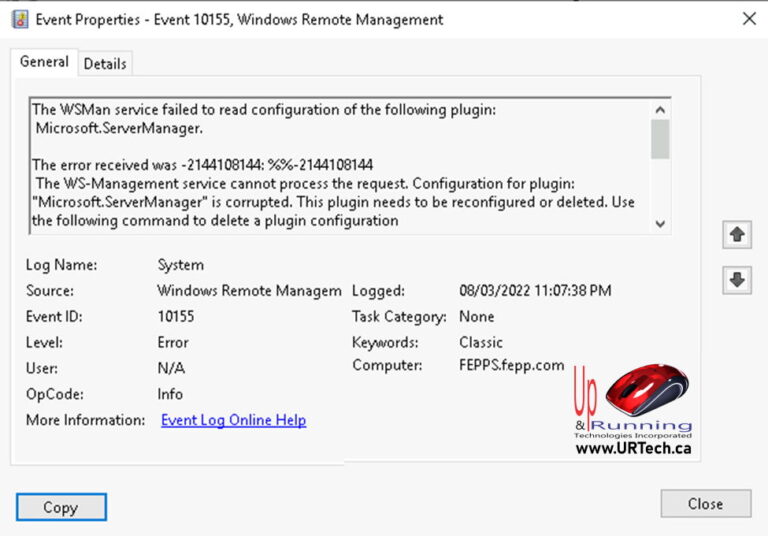 Event ID 10155 WSMan service failed to read