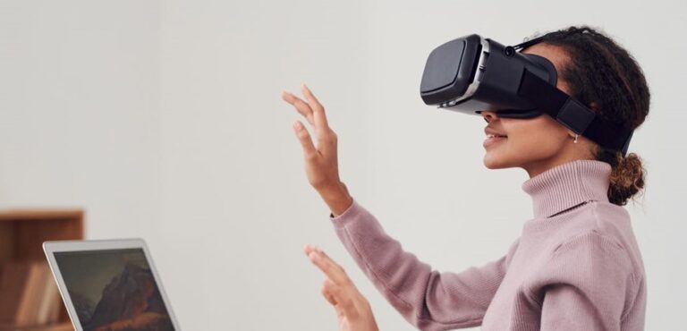 VR Headset woman hands in air