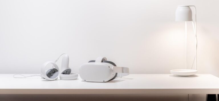 ar vr headset goggles white lamp on desk