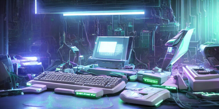 Commodore 64 computer in the 22nd century in cyberpunk style