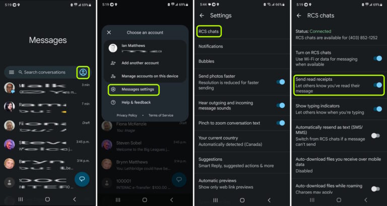 how to disable read reciepts on android rcs text messaging