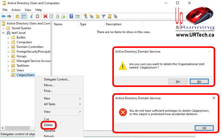 you do not have sufficient privileges to delete or this object is protected from accidental deletion - active directory