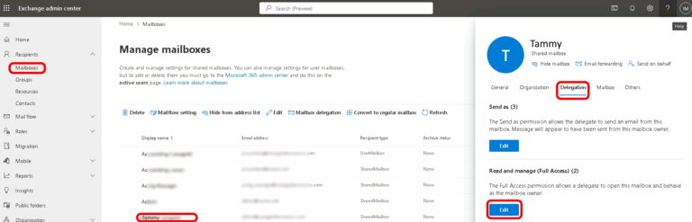 how to delegate permission to a shared mailbox