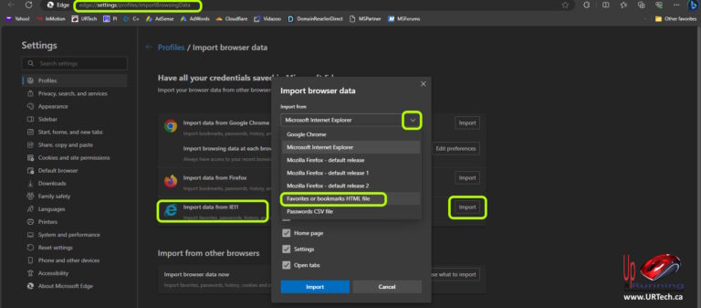 how to import previously exported favorites in Microsoft Edge Browser