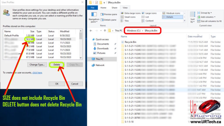 windows recycle bin profile size delete