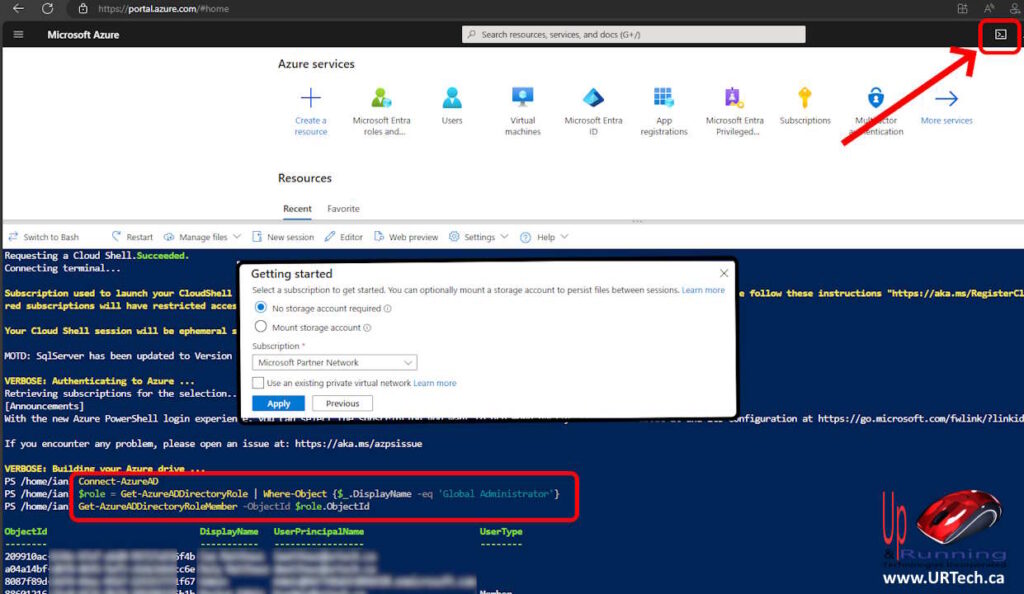 cloudshell powershell to determine who is a global administrator in Azure Microsoft365
