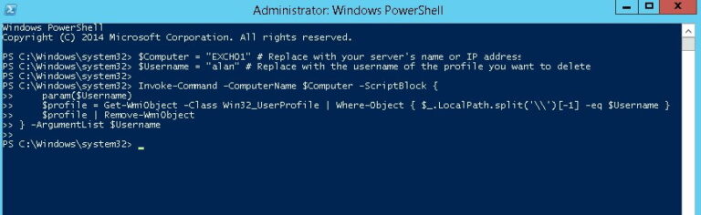 how to delete a user profile from a remote computer using powershell