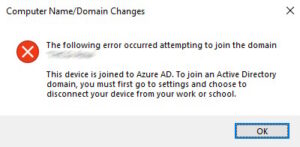 error computer name domain changes this device is joined to azure ad