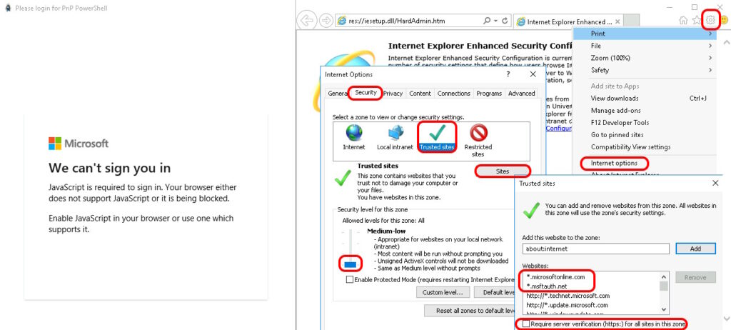 fix powershell mfa popup we can't sign you in javascript is required to sign in trusted sites