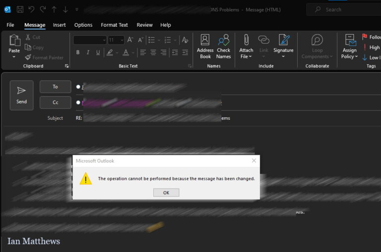outlook email - the operation cannot be perofmred because the message has been changed