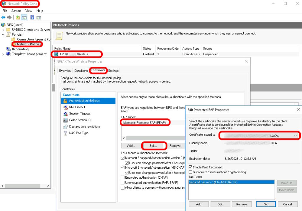 where to change or set certificate on an NPS server