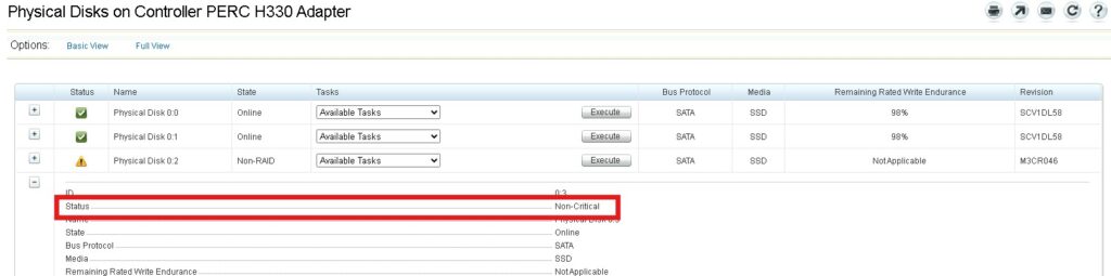 Dell PERC H330 disk what does non-critical mean