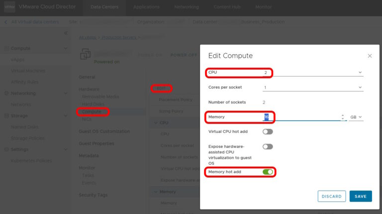 reducing core count or ram in vmware