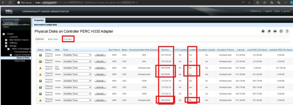 what does dell perc h330 physical disk status NON-CRITICAL mean