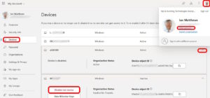 how a user can disable a computer device in M365 my account