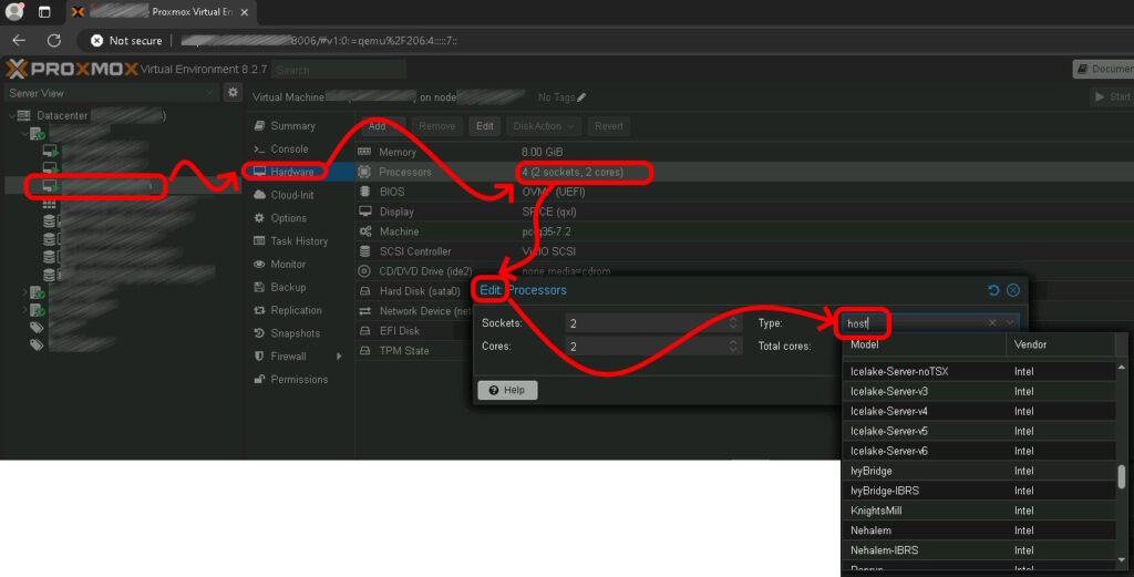 proxmox change vm cpus to match host