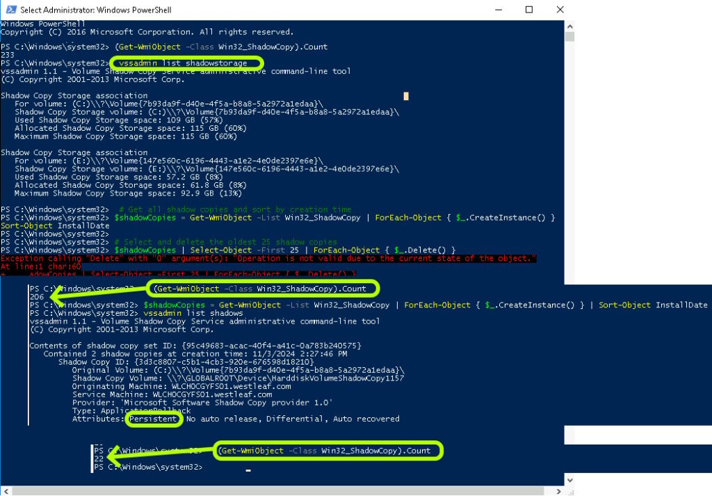 vssadmin commands related to mabs