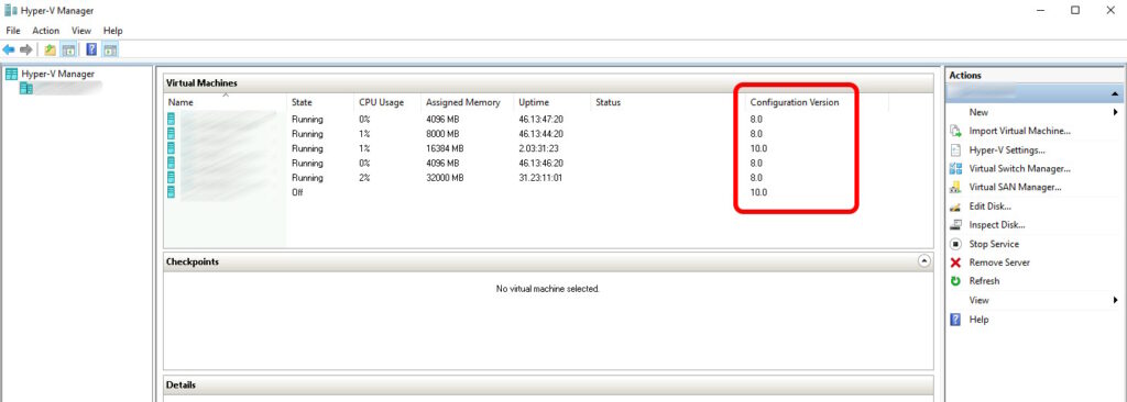 windows hyperv configuration versions