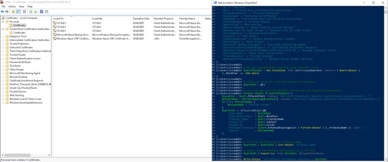 script to export certificates to csv file